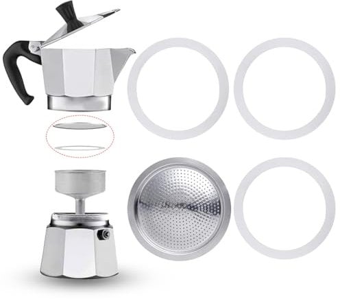 4 anillos de sellado para cafetera espresso, 3 tazas, junta de repuesto de silicona con colador de aluminio, anillos de sellado para cafeteras (3 juntas de silicona + 1 filtro de acero)