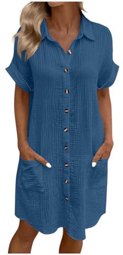 Summer Shirts Dresses for Women UK Oversized Cotton Linen Baggy Tunic Shirt Mini Dress Button Up Plain Sundress with Pockets Beach Cover Up Blouses Lounge Holiday Essentials Dresses Blue