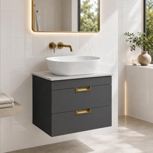 BELOFAY 600mm Wall Mounted Vanity Unit with Basin | Two Soft-Close Drawers | Modern Floating Design with Countertop Basin & White Wooden Worktop, Waste Included (Tap & Trap Not Included)