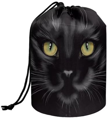 Wnbucioht Animal Black Cat Drawstring Cosmetic Bags Barrel Makeup Bag,Women Girls Foldable Toiletries Cases Organizer Multifunctional Toiletry Bucket Bags Round Organizer Storage Pocket