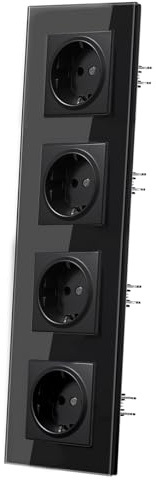 MVAVA Schuko Steckdose Unterputz EU-Standard, 4 Fach Steckdose mit Glasrahmen, 299mm x 86mm Unterputz Steckdosen, Einfache Installation, Schwarz