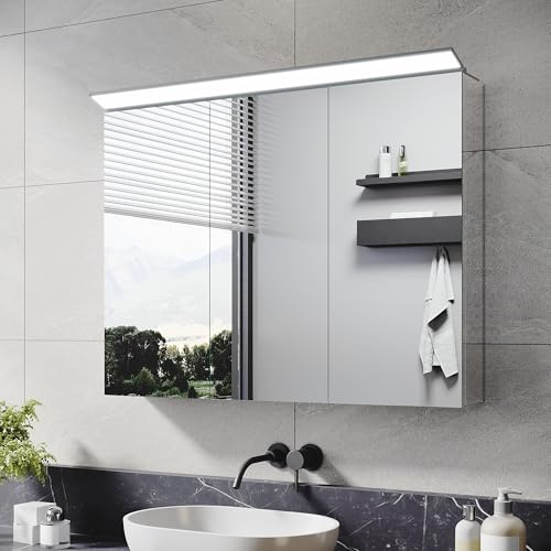 SUNXURY Spiegelschrank Bad 80x60cm mit Beleuchtung, LED Spiegelschrank aus Edelstahl, Badschrank hängend mit 159° Spiegellampe und Metallablage, Spiegelschrank 80x60x12cm