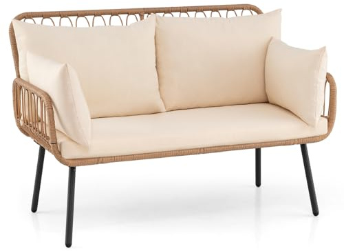 COSTWAY Gartensofa mit Kissen, Polyrattan Gartenbank Wetterfest, 2-Sitzer Sitzbank bis 300kg blastbar, für Balkon, Terrasse und Garten