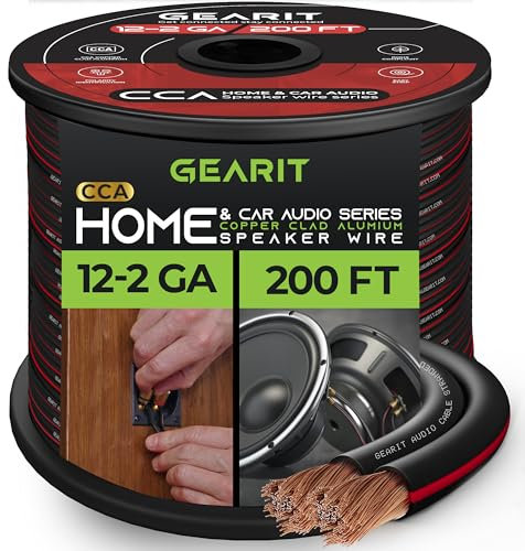 GearIT Speaker Wire Audio Cable CCA 2x4mm≤ (60.96 Meters - Black) Copper Clad Aluminum - Great for Hi-Fi Home Theater and Car Speakers - 12 Gauge AWG, 200 Feet