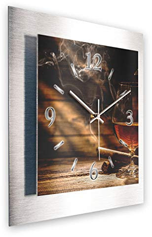 Kreative Feder Whisky und Zigarre 3D Metallic Silver Brushed Designer Wanduhr leise Uhr ohne Ticken 40 x40 cm aus Alu-Verbund WAA146L (leises Quarzuhrwerk)