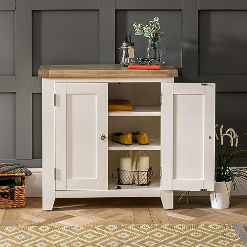 The Furniture Market Cheshire Cream Painted Small 2 Door Cupboard with Limed Oak Top, Adjustable Shelves, and Chrome Handles, Versatile Storage Unit for Home or Office - H 790mm x W 765mm x D 340mm