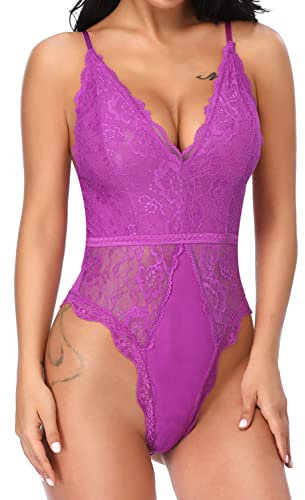 EVELIFE Body Donna Sexy Pizzo Lingerie Teddy Un Pezzo Scollo a V Biancheria Intima Trasparente(Porpora S)