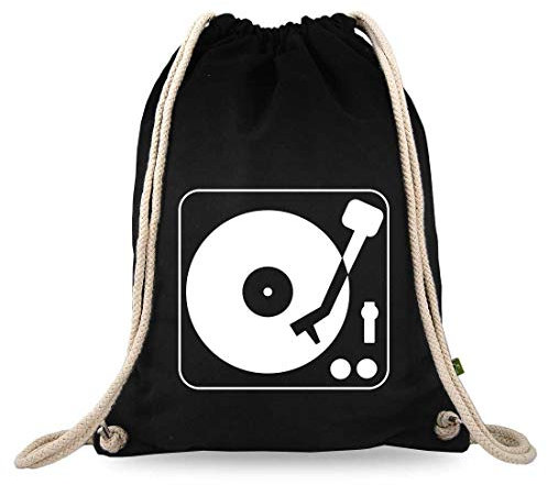 Turnbeutelliebe® Turnbeutel mit Spruch - Techno-Musik - Verschiedene Motive - Baumwolle schwarz - Sportbeutel - Rucksack - ca. 12 Liter - 37 x 46 cm (Turntable)