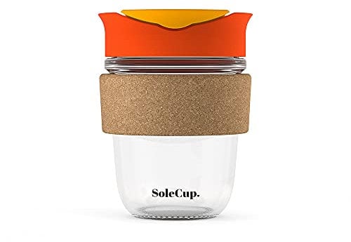 SoleCup. - Reusable Strengthened Glass Travel Cup - Spill Proof Insulated Coffee Mug - 12oz/340ml BPA-Free Hot Drink Travel Mug with Lid & Cork Band (Red)