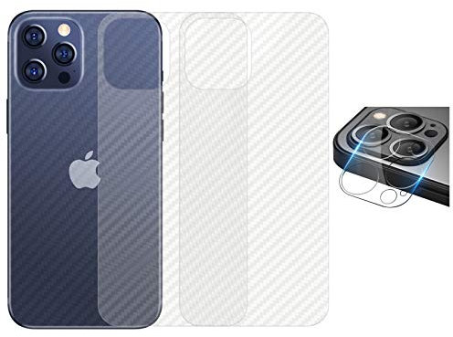 qichenlu 3X Rückseite Folie + 2X Kamera Schutzglas kompatibel mit iPhone 12 Pro, Carbon Look Matt Klebefolie Weich Back Film,Klar 6D Linse Glas Kratzfest Kamera Hinten Schutz