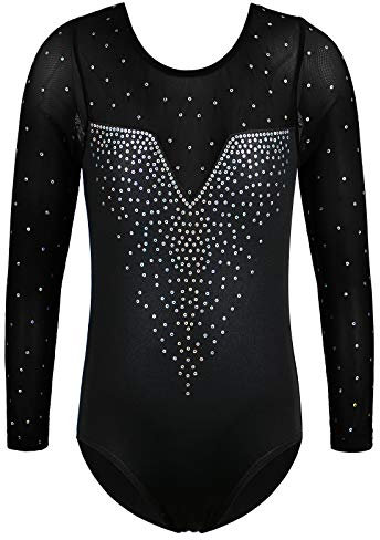 ZNYUNE Kinder Gymnastik Trikot mit Pailletten Mädchen Gymnastikanzug Langarm in Tüll 203 SequinBlack 8A