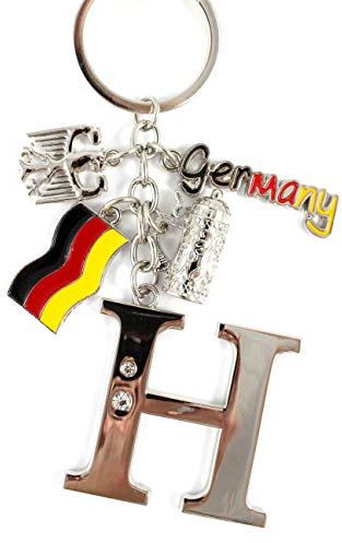 ELLUG Schlüsselanhänger H.: 11cm Buchstaben/Letter/Initalien/Alphabet/ABC mit Glitzersteinen & Charms Bierkrug/Adler/Deutschland-Fahne/Germany (H)
