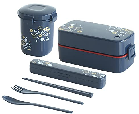 Brotdose Japanische Doppelschicht Bento Box Mikrowelle Heizung Lunchbox Set mit Suppentopf Schwarz