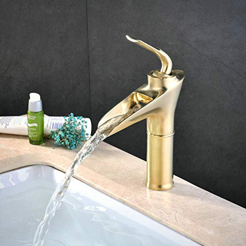 SHUNLI Cascade Robinet de Lavabo, Or Brossé Court Robinet pour Salle de Bain, Antique Rétro Mitigeur Évier Lavabo, en Laiton Massif, Chaude et Froide Réglable