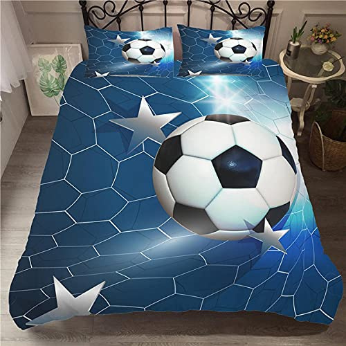ZMDQD Housse de Couette 200x200 Ballon de Foot Bleu Parure de Lit 1 Personne Sets de Housse Couette avec Fermeture Éclair 100% Microfibre Respirant Fin et léger avec 2 taie d'oreillers de 65 x 65 cm