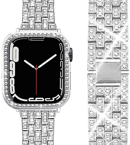 Miimall Bracelet Compatible with Apple Watch Series 7 41 mm 45 mm, Bling Women's Crystal Rhinestone Protective Case with Adjustable Stainless Steel Metal Bracelets for Apple Watch 41 mm, Silver