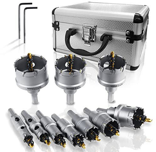 SagaSave 10 PCS Hartmetall Lochsäge, Heavy Duty Lochschneider für Metall, rostfreier Stahl, Gusseisen, Stahl, Aluminium, usw(16/18/20/22/25/30/35/45/50/53MM x 2 Inbusschlüssel)