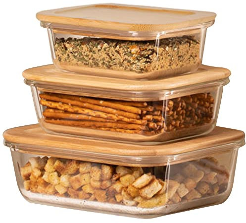 KHG Frischhaltedosen Glas Set 3-teilig Holz Deckel Bambus rechteckig, verschiedene Größen, auslaufsicher, luftdicht, spülmaschinengeeignet, mikrowellen- und backofengeeignet -