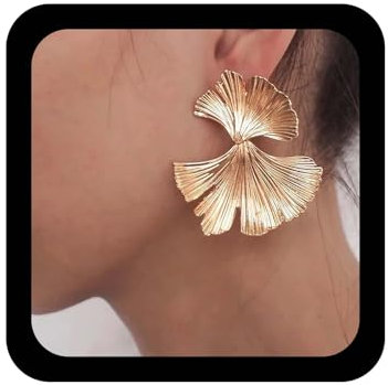 Inilbran Boho Große Ginkgo Blatt Ohrringe - Vintage Statement Ohrstecker in Blattgold für Frauen und Mädchen