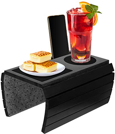 Btstil Plateau de canapé en bambou, plateau de canapé antidérapant avec support pour smartphone, plateau de canapé flexible, porte-gobelet pour canapé, accoudoirs arrondis