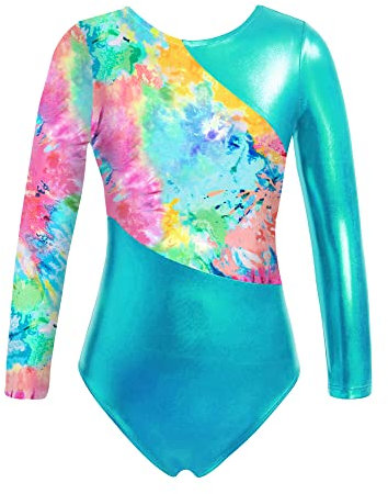 iEFiEL Mädchen Turnanzug Langarm Leotard Gymnastik Trikot Einhörner Muster Klassisch Gymnastikanzug für Kinder mit Kreuzen Rückchen X Grün 110-116