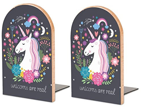 Lot De 2 Serre-Livres Fleur Licorne Arc-en-Ciel Support De Livre Antidérapant en Bois pour Bibliothèque De Bureau