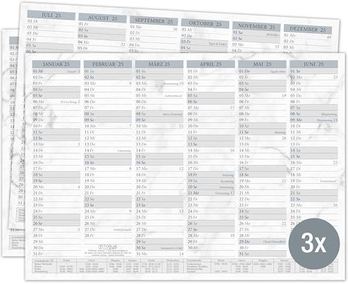 TOBJA Jahreskalender 2025 DIN A4 3er-Set Kalender, Marmor Design, Schulferien, Feiertage, Wochenenden - Kalender 2025 Dicker Karton (350g/m²) (3 Stück Papier)