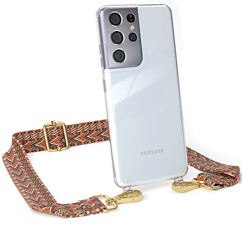 EAZY CASE Handykette - Verstellbares Taschenband kompatibel mit Galaxy S21 Ultra 5G, Schulterriemen, Handykordel mit Silikon Hülle, Umhängetasche, Orange Grün Gold