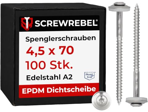 100 Stück SCREW REBEL Spenglerschrauben 4,5 x 70 mm - Edelstahl A2, Inox mit EPDM-Dichtscheibe Ø15mm TX 20