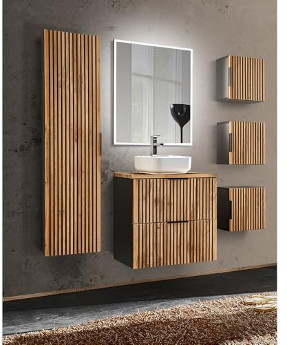 Lomadox Badmöbel Komplett Set anthrazit Eiche Nb. Rillenfront mit Waschtisch Unterschrank 60 cm, Keramik Waschbecken, Spiegel, 3 Hängeschränke, Hochschrank