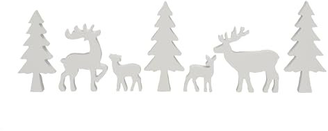 Spetebo Holz Tannenwald zum dekorieren 7-teilig - weiß - Weihnachts Deko Tierfiguren Set - Tischdeko Winter Wald Tanne Tier Hirsch Rentier Figur Weihnachtsdeko