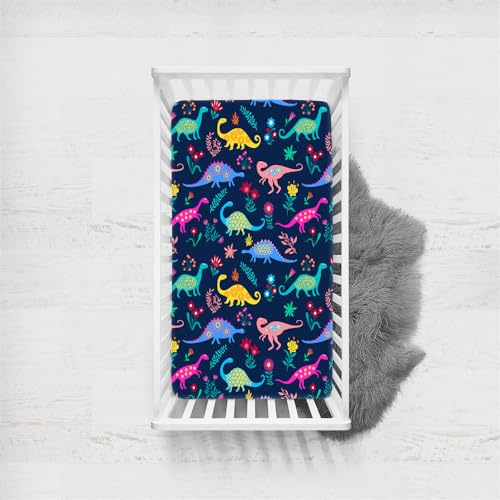 Odot Spannbettlaken für Kinderbett un Kleinkind Matratzen, Bunter Dinosaurier Spannbetttuch Baby Bassinet Laken Matratzenschoner aus Mikrofase Atmungsaktiv mit Gummiband (80x160cm,Navy Blau)