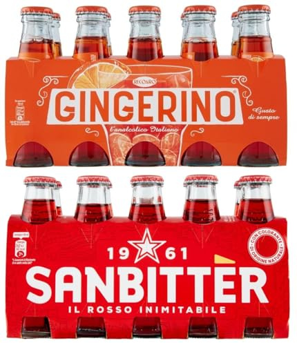 20er-Pack Testpaket San Bitter Rosso + Gingerino Recoaro Erfrischendes alkoholfreies Getränk,Italienischer Aperitif,Ginger 10cl Einweg-Glasflasche