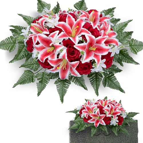 XONOR Künstliche Grabstein-Blumensättel für Gräber, Friedhofsdenkblumen für Grabstätten, Grabstein-Dekorationen, Lilienrosen, Sattel (rote Lilie, 1 Sattel)