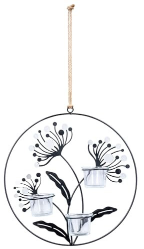 Wand Teelichthalter 30cm Rund Metall Schwarz Silber Blumen Ring Kerzenhalter Wanddeko