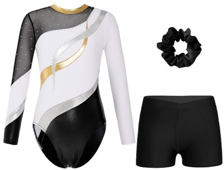 Oyolan Mädchen Kinder Gymnastikanzug Turnanzug Glitzernde Gymnastikbody Langarm Turntrikot mit Kurze Hose Tanzkostüm Weiß schwarz B 146-152
