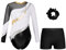 Oyolan Mädchen Kinder Gymnastikanzug Turnanzug Glitzernde Gymnastikbody Langarm Turntrikot mit Kurze Hose Tanzkostüm Weiß schwarz B 146-152
