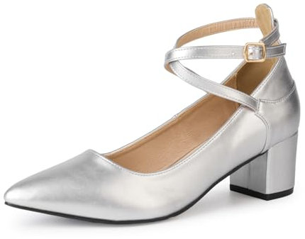 Plilima Escarpins Femme Bloc Talons à Bout Pointu Escarpin Bride Cheville Talon Haut avec Lanière Croisée et Bout Fermé Élégant Confortable Mariée Chaussures (Argent,38)