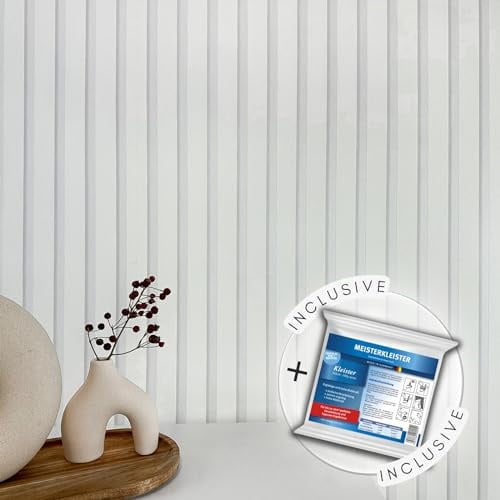 WALLCOVER Papier Peint inclus colle Blanc Rayures Gris - Argent Panneaux Style Scandinave Panneaux Muraux Lamelle Moderne