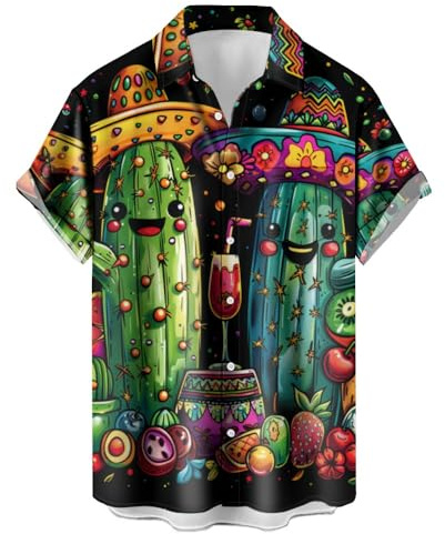 ApCuYf Cinco De Mayo Hawaii-Hemden für Herren, kurzärmelig, Button-Down, 3D-Druck, Urlaubshemden, Sommer-Tops, Mexikanischer Kaktus, XXL