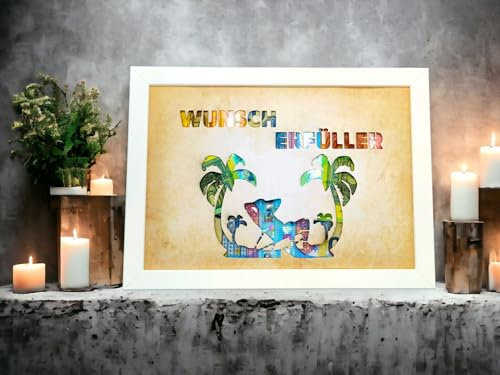 Geldgeschenk Geburtstag Wunscherfüller Geschenk zum verschenken zum Geburtstag Weihnachten Geld mit Bilderrahmen DinA4 Weiß (Liegestuhl/Palmen, Ohne Bilderrahmen)