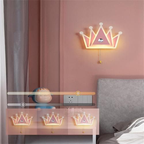 TZSMUM Dimmbar LED Modern Innen Kinder Wandleuchte 3 Farben Einstellbar Kinderzimmer Krone Wandlampe Schlafzimmer Nachttischlampe Kinderlampe mit Zugschalter Wandbeleuchtung Für Babyzimmer (Rosa)