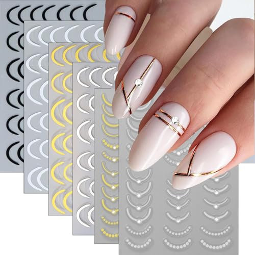 Nayyana 6 Blätter French Tip Nagelsticker für Nagelkunst, selbstklebende 3D Gold Silber Linien Nagelkunst Sticker Nagelspitzen Designs Nagelabziehbilder mit Strasssteinen Sticker