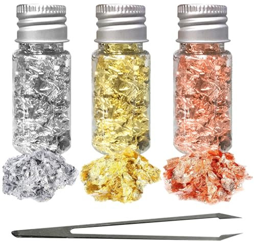 AJUNLKVDR Goldfolie Zum Basteln,Blattgold Essbar,3 Flaschen Blattgold,Tortendeko für Torten,Deko Basteln Blattgoldblätter,für Basteln Kuchen Backen Torten Dekorfolie