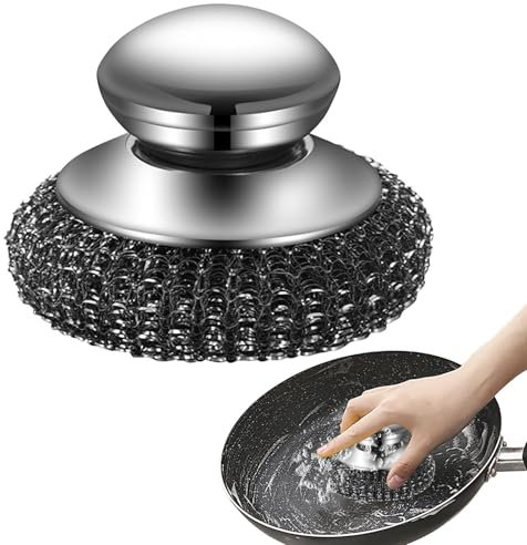 Scrubber in lana d'acciaio, spazzola in acciaio inox, spazzola per strofinare pentole, scrubber resistente, spazzola per pulizia in acciaio inox con manico per pentole 7 x 10 cm