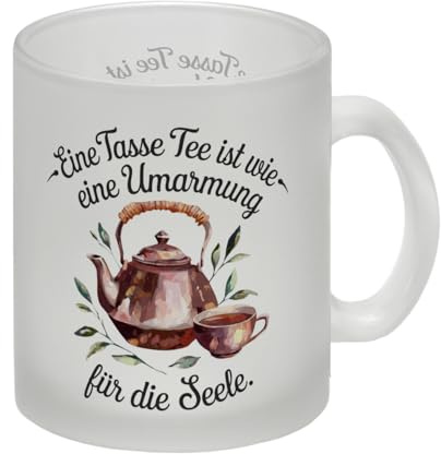 Teekanne mit Tasse - Umarmung für die Seele Glas Tasse Aquarell-Design Tee-Komplettset Teeblätter auf weißem Hintergrund Ideal für Teeliebhaber