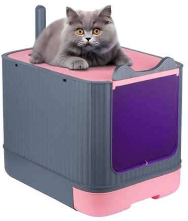 Bandeja de arena para gatos con tapa, cazadora para gatos esterilizada a los rayos UV, inodoro antisalpicaduras con cajón de caña, pala de caña, bandeja de arena para gatos plegable (B,Rose)