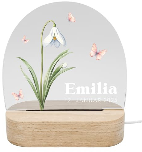 DEL MÀ Unique & Personal Geburtsgeschenk Mädchen Nachtlicht personalisiert Baby Geschenk zur Geburt Blumen Babygeschenk Monatsblumen Babyzimmer Nachtlampe Inkl. Holzfuß (Januar - Schneeglöckchen)