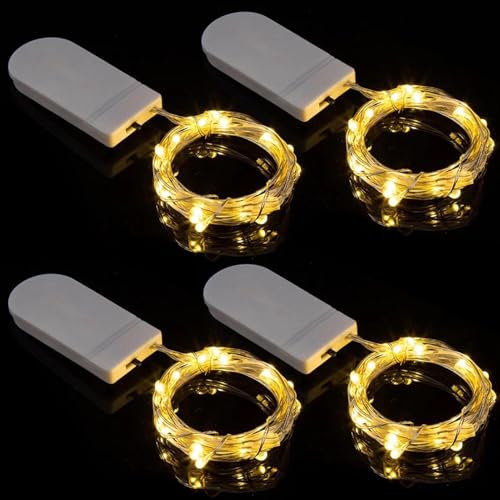 4 Pack Led Fairy Lights Battery Operated, 1m 10 LED Copper Wire Battery String Lights, Warm White Fairy Lights Indoor for Bedroom Wedding Jars Bottle Decorations