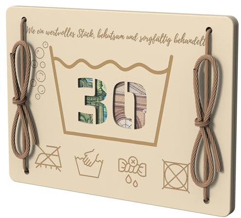 Grußkarte aus Holz | Geldgeschenk, Geldbörse, Holzgeldtasche | Originelles Geburtstagsgeschenk | Lustiges Geschenk | Geschenk für Reisen, Geburtstage | Holzkarte mit Muster (30 Jahre – Waschsymbol)